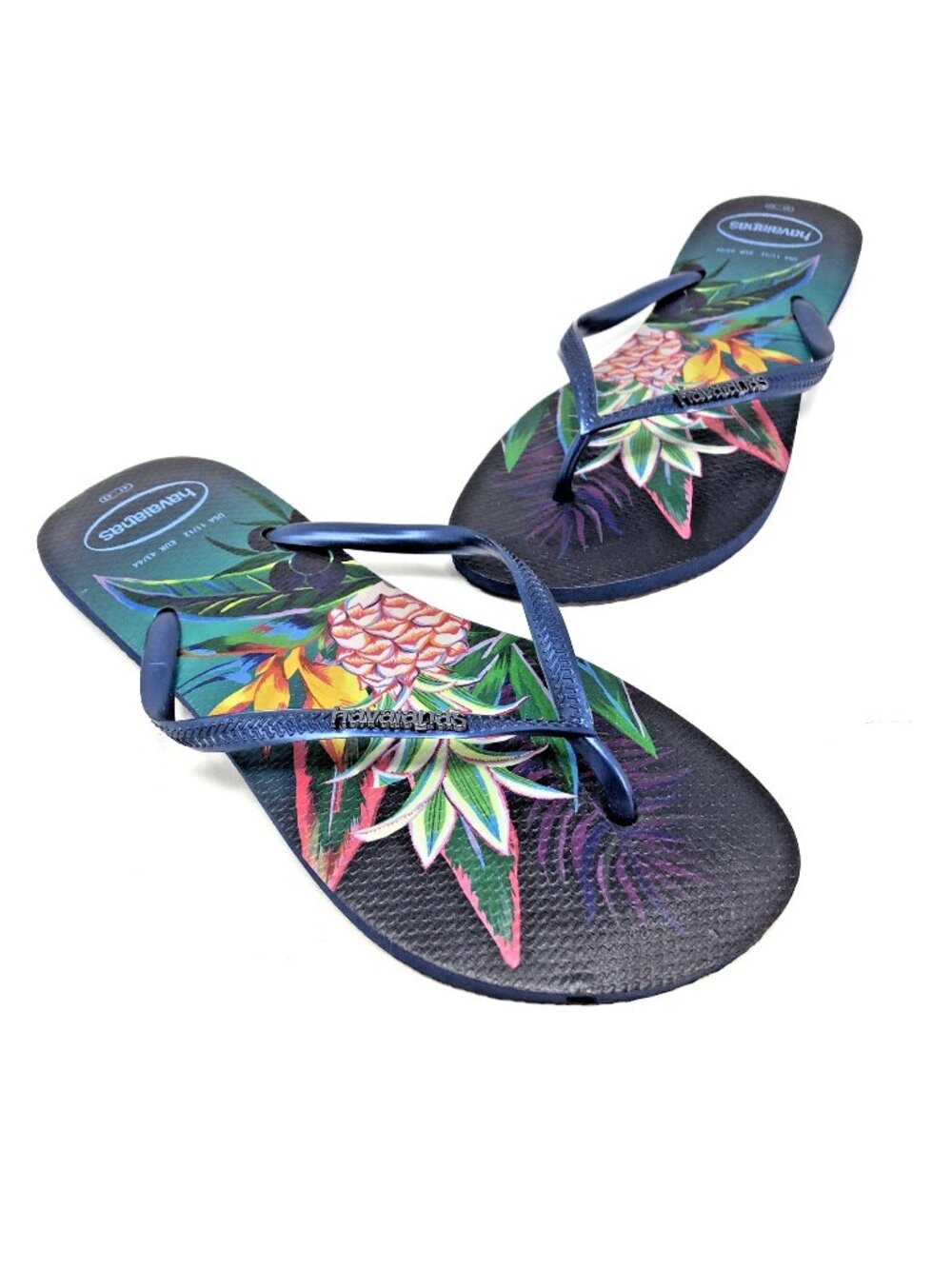 Havaianas Sandals Womens 11 Blue Green Tropical Floral Slim Fit Thong Flip Flop